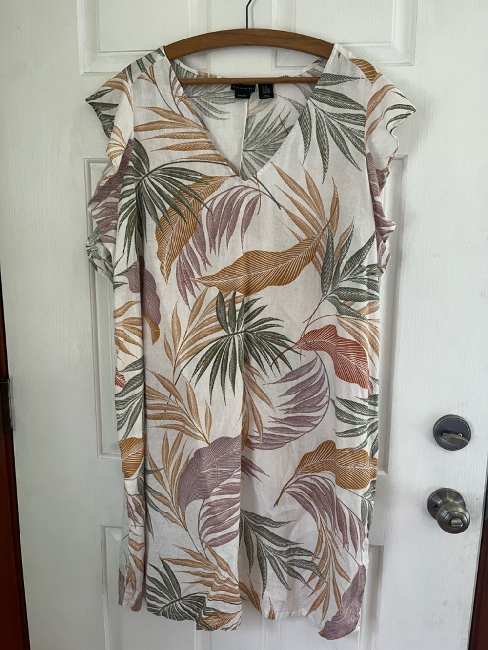 100% Linen Tahari Tropical Leaf V-Neck Shift Dress in Neutral Tones 2X